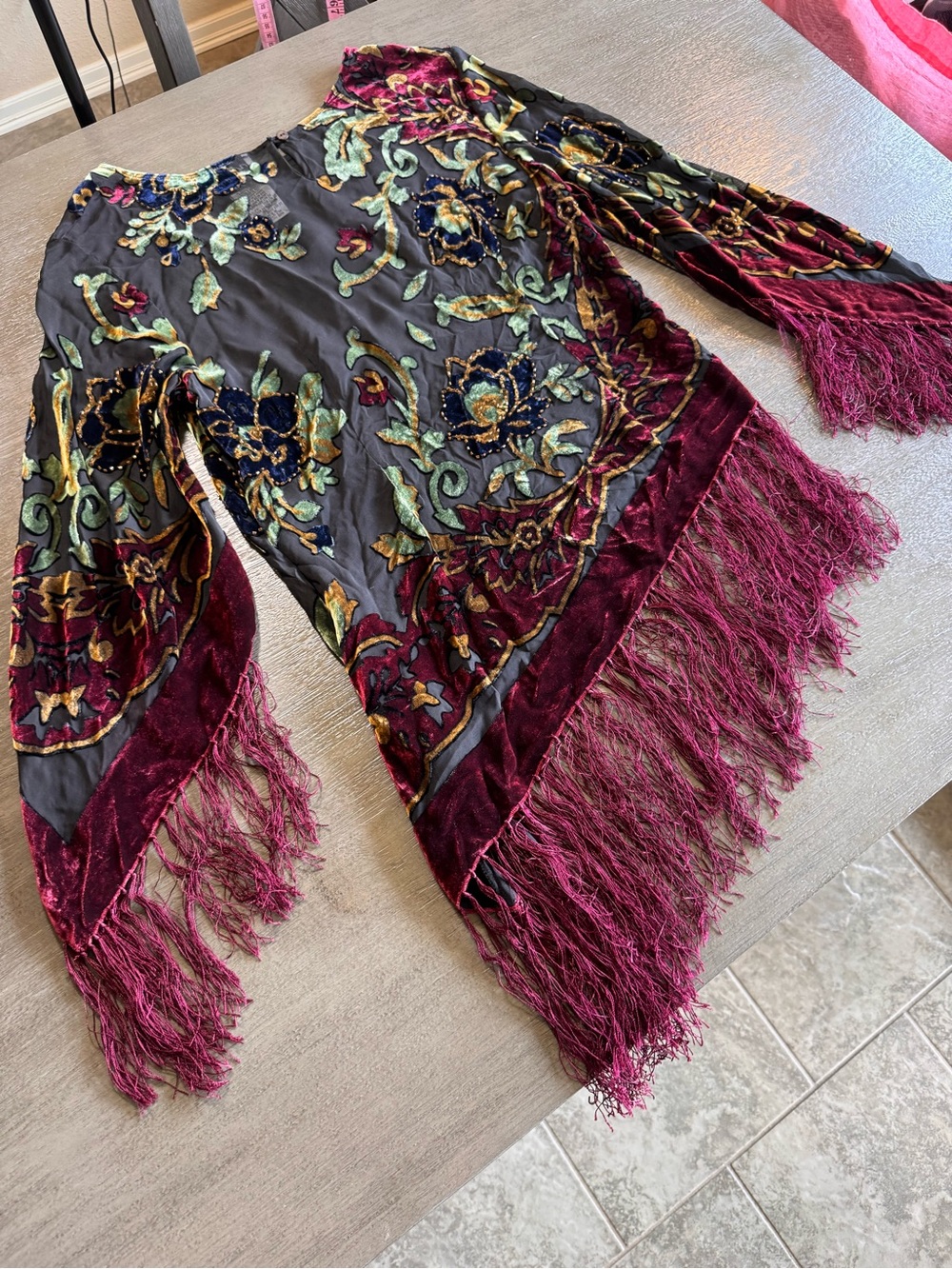 🤍Vintage Silk Fringe Beaded Patchwork Blouse Asymmetrical Top M - Picture 10 of 15